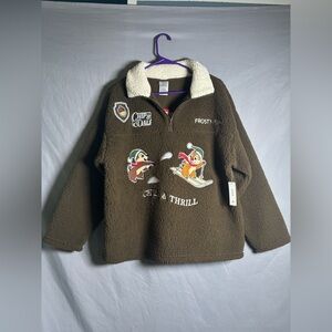 Disney Brown Sherpa Pullover V-Neck Sweater with Chip & Dale Ski Patch